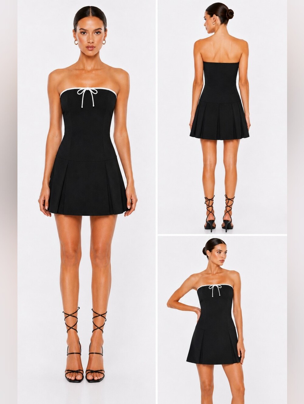 Strapless Mini Romper Dress Built In Shorts Black White‎ Bow Y2K